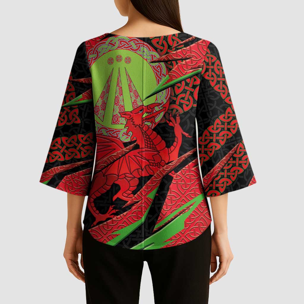 Welsh Celtic-Awen Kimono Sleeve Blouse Wales Y Ddraig Goch with Celtic Knot Sporty - Wonder Print Shop