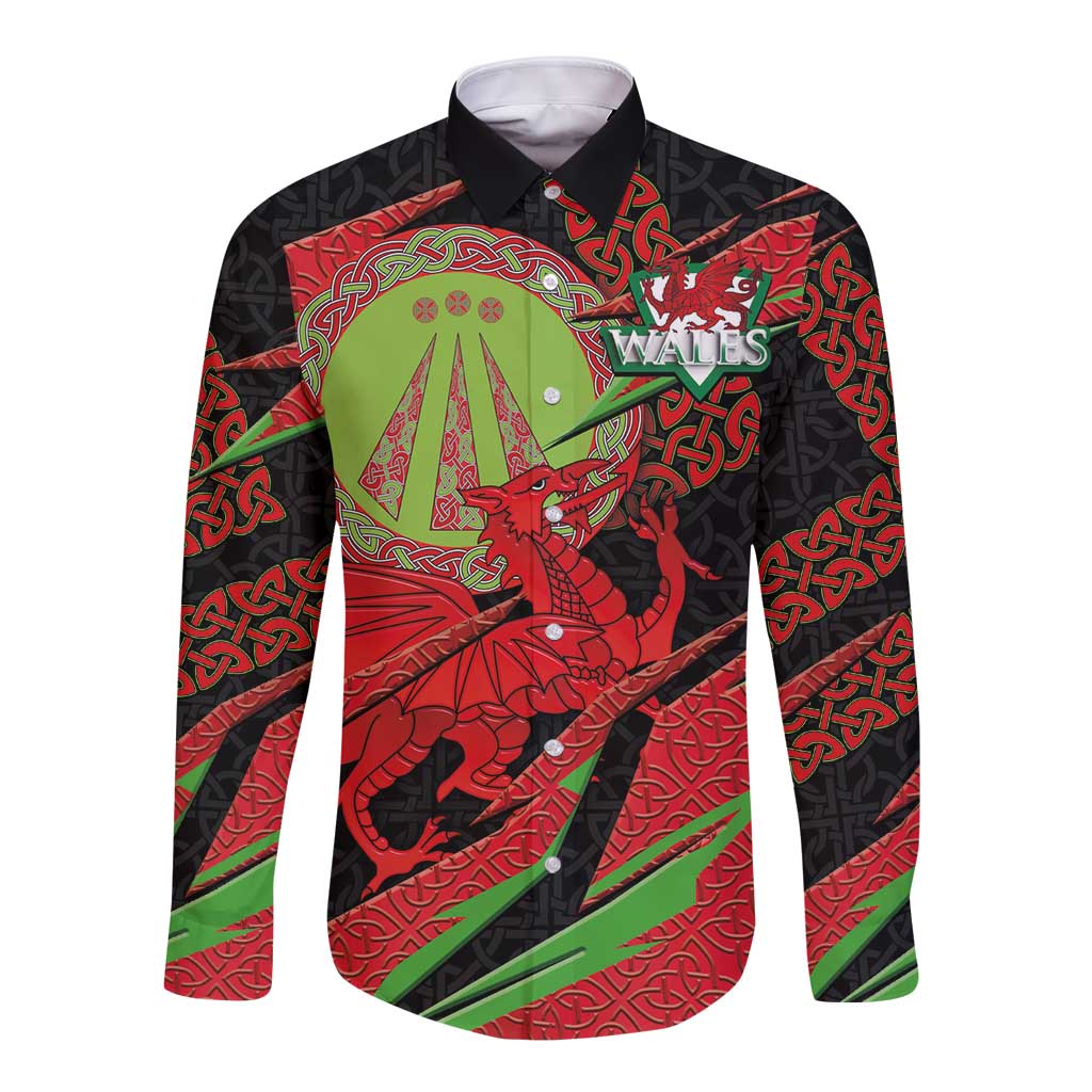 Welsh Celtic-Awen Long Sleeve Button Shirt Wales Y Ddraig Goch with Celtic Knot Sporty - Wonder Print Shop