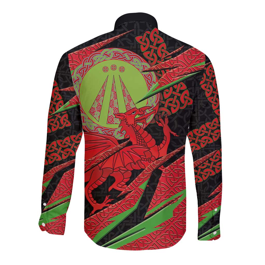 Welsh Celtic-Awen Long Sleeve Button Shirt Wales Y Ddraig Goch with Celtic Knot Sporty - Wonder Print Shop