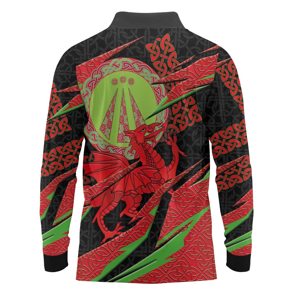 Welsh Celtic-Awen Long Sleeve Polo Shirt Wales Y Ddraig Goch with Celtic Knot Sporty - Wonder Print Shop