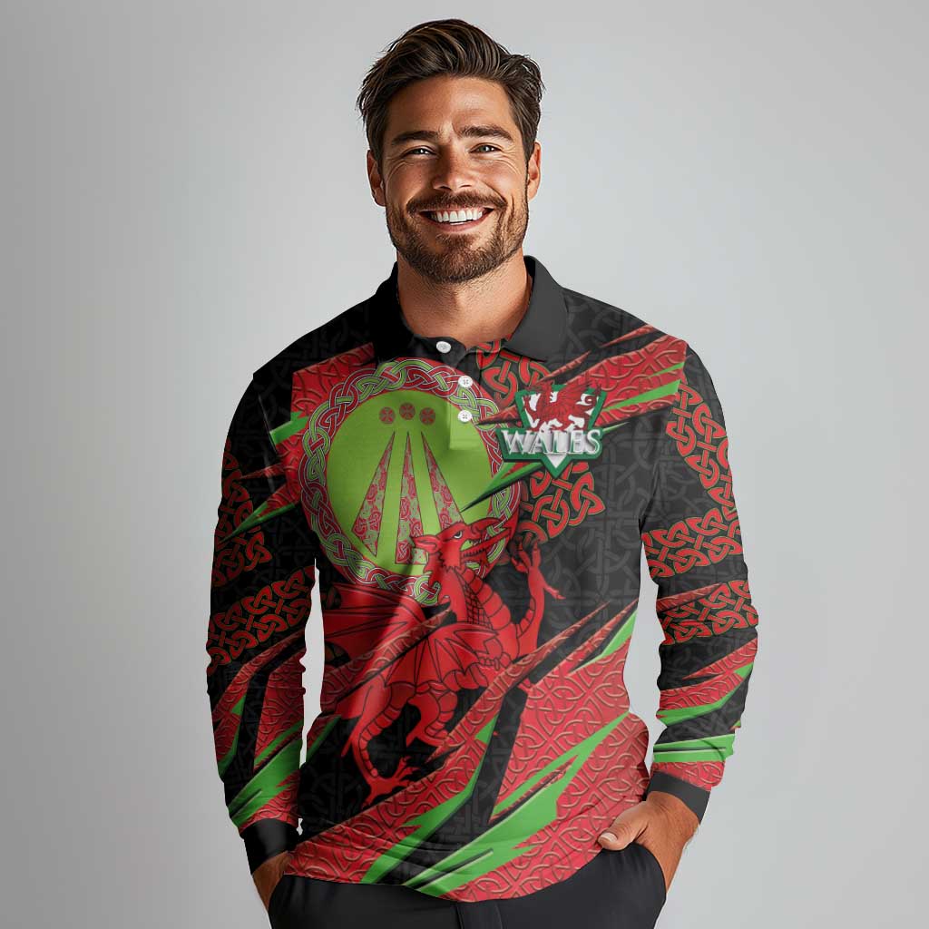 Welsh Celtic-Awen Long Sleeve Polo Shirt Wales Y Ddraig Goch with Celtic Knot Sporty - Wonder Print Shop
