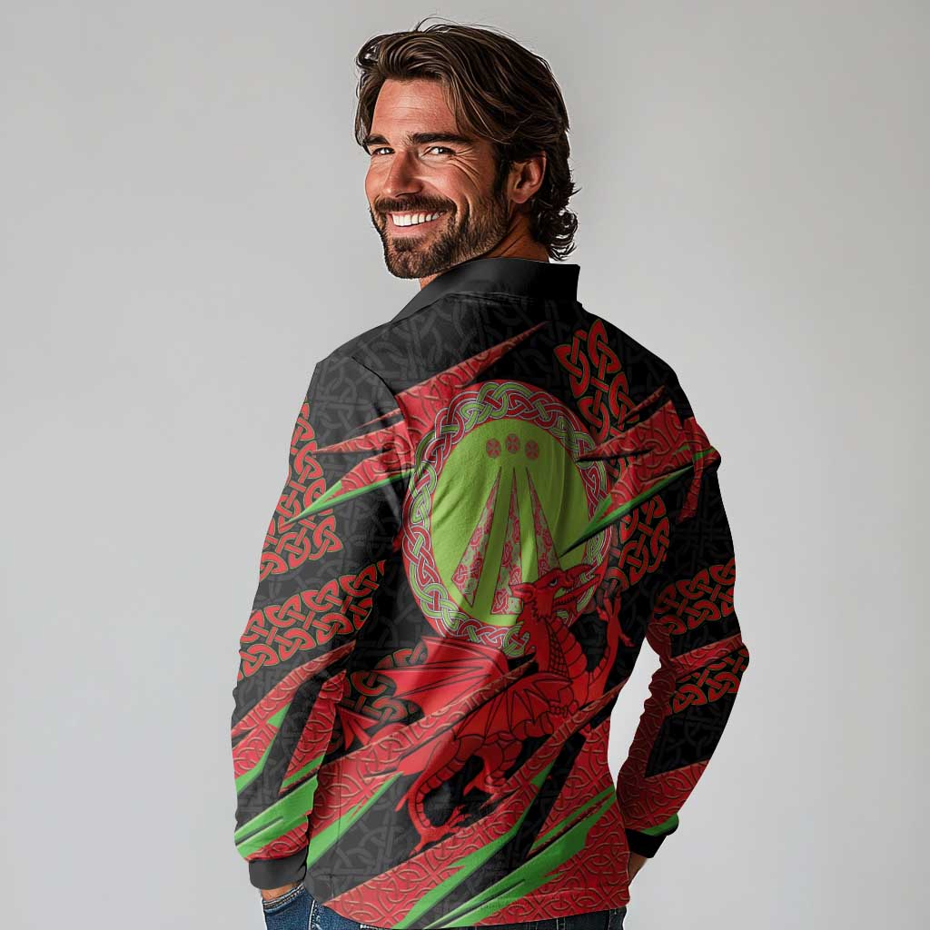 Welsh Celtic-Awen Long Sleeve Polo Shirt Wales Y Ddraig Goch with Celtic Knot Sporty - Wonder Print Shop