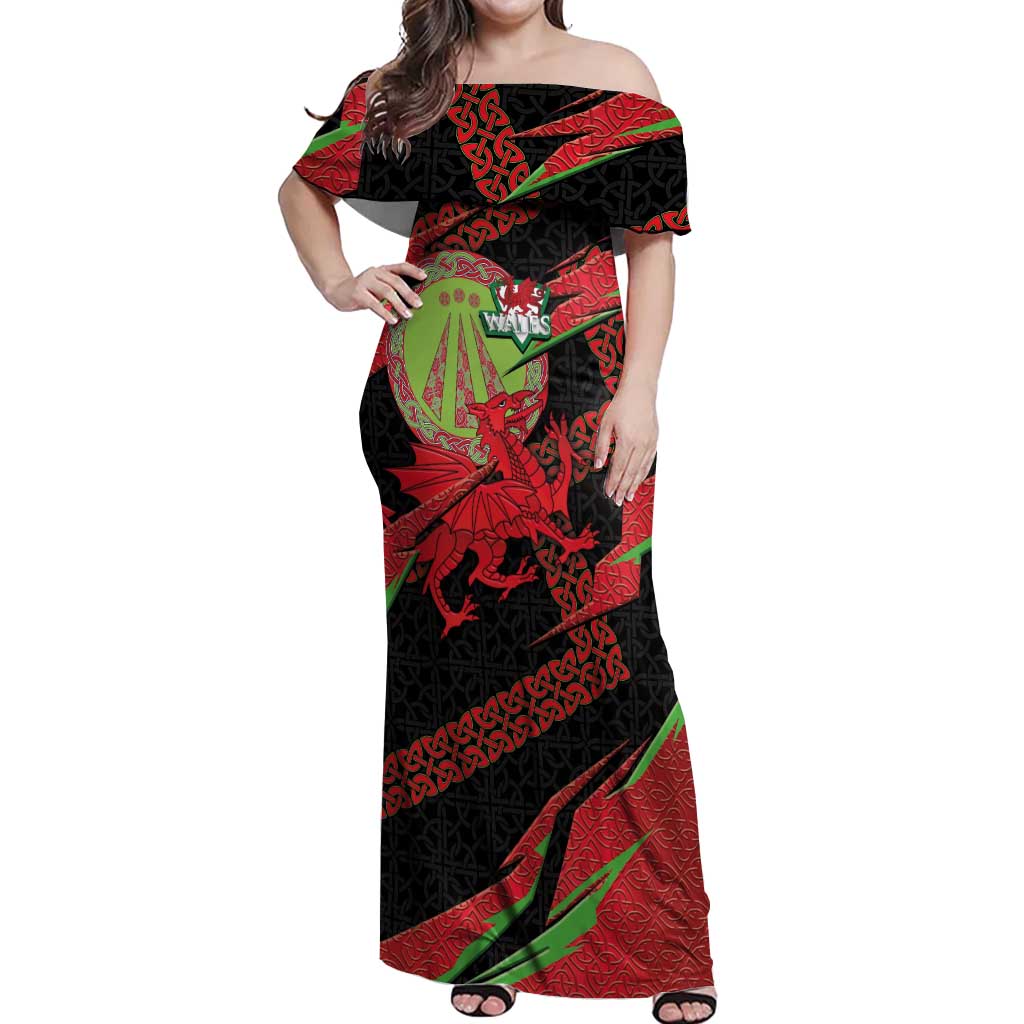 Welsh Celtic-Awen Off Shoulder Maxi Dress Wales Y Ddraig Goch with Celtic Knot Sporty - Wonder Print Shop