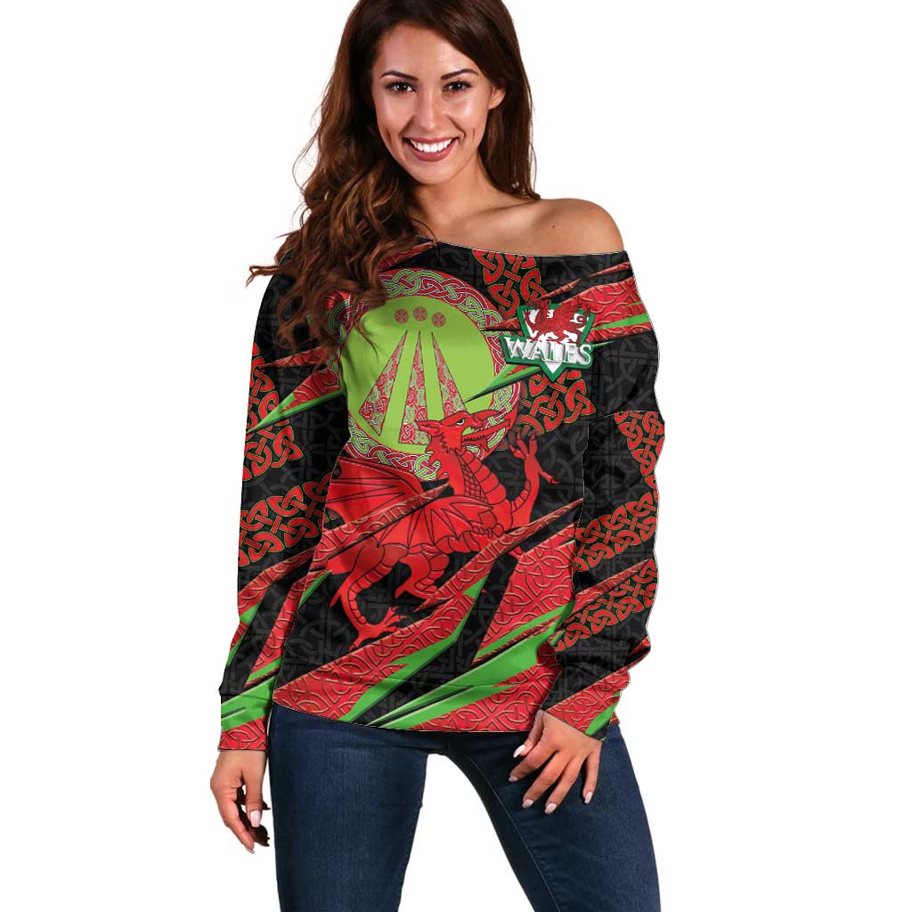 Welsh Celtic-Awen Off Shoulder Sweater Wales Y Ddraig Goch with Celtic Knot Sporty - Wonder Print Shop