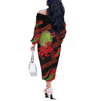 Welsh Celtic-Awen Off The Shoulder Long Sleeve Dress Wales Y Ddraig Goch with Celtic Knot Sporty - Wonder Print Shop