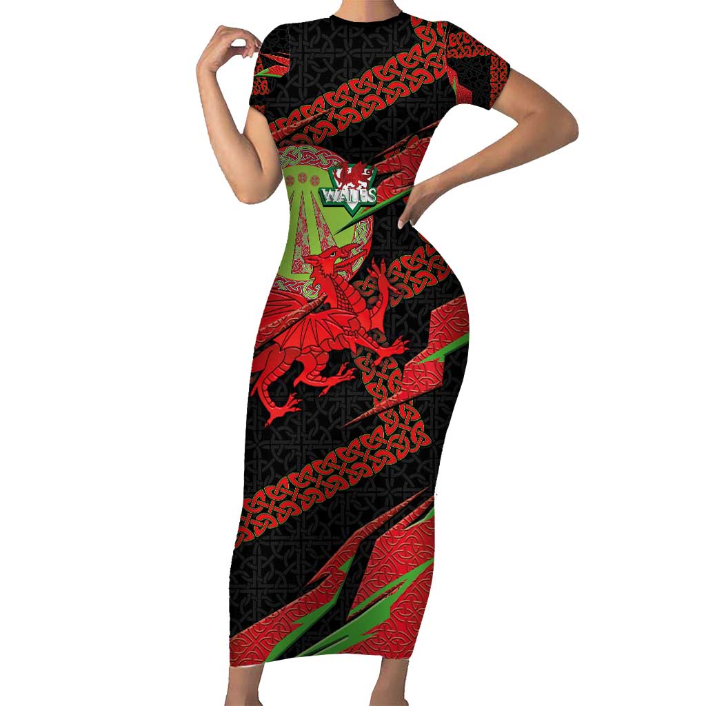 Welsh Celtic-Awen Short Sleeve Bodycon Dress Wales Y Ddraig Goch with Celtic Knot Sporty - Wonder Print Shop