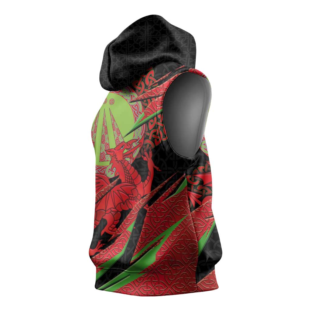 Welsh Celtic-Awen Sleeveless Hoodie Wales Y Ddraig Goch with Celtic Knot Sporty - Wonder Print Shop