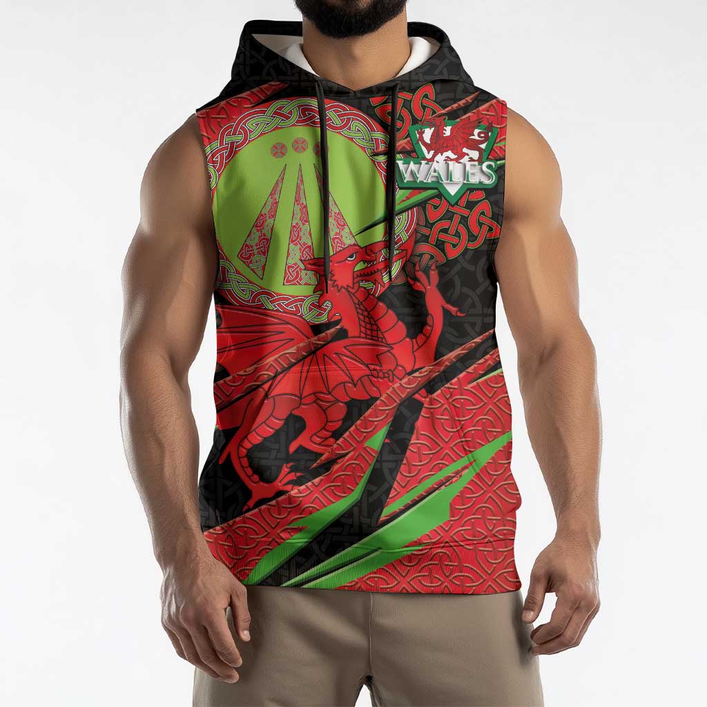 Welsh Celtic-Awen Sleeveless Hoodie Wales Y Ddraig Goch with Celtic Knot Sporty - Wonder Print Shop