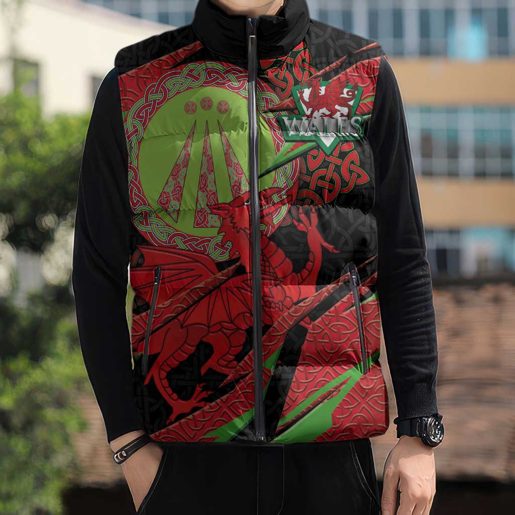 Welsh Celtic-Awen Sleeveless Puffer Jacket Wales Y Ddraig Goch with Celtic Knot Sporty - Wonder Print Shop