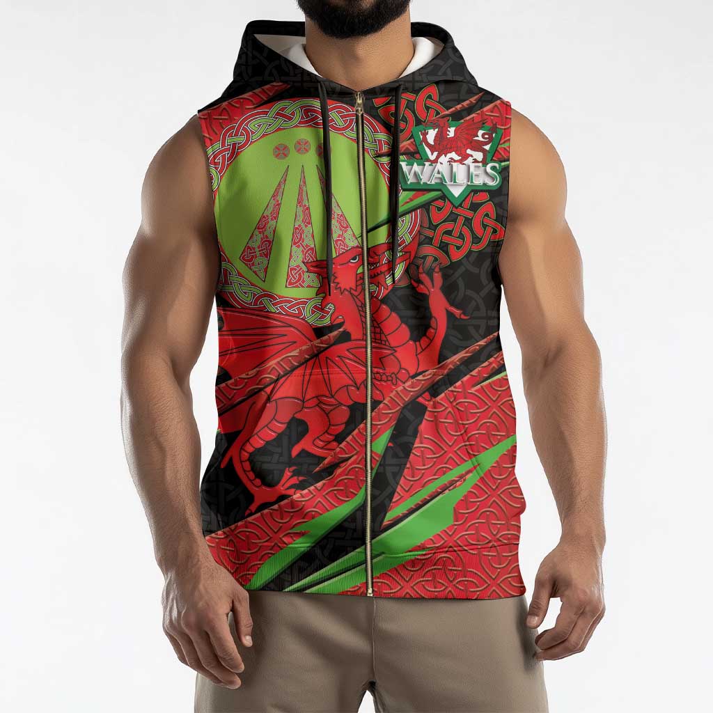 Welsh Celtic-Awen Sleeveless Zip Hoodie Wales Y Ddraig Goch with Celtic Knot Sporty - Wonder Print Shop