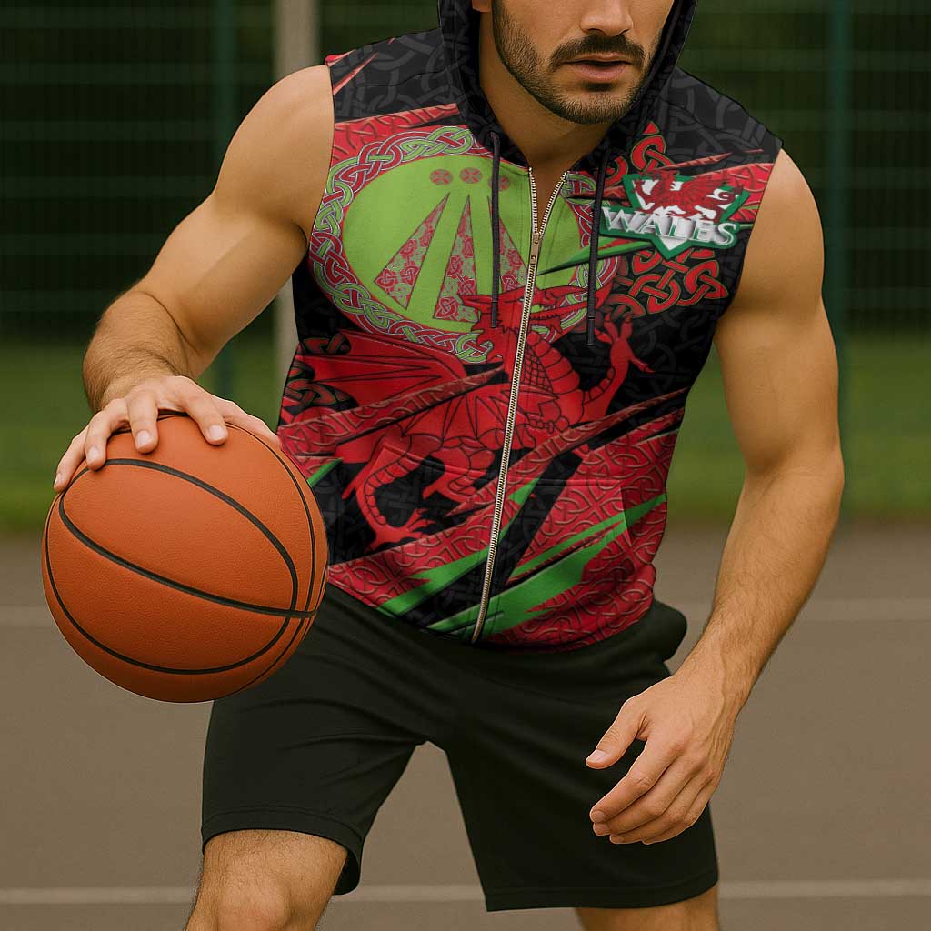 Welsh Celtic-Awen Sleeveless Zip Hoodie Wales Y Ddraig Goch with Celtic Knot Sporty - Wonder Print Shop