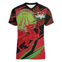 Welsh Celtic-Awen Women V-Neck T-Shirt Wales Y Ddraig Goch with Celtic Knot Sporty - Wonder Print Shop
