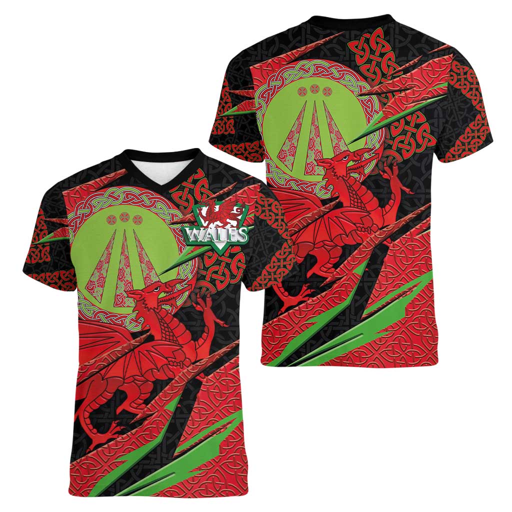 Welsh Celtic-Awen Women V-Neck T-Shirt Wales Y Ddraig Goch with Celtic Knot Sporty - Wonder Print Shop