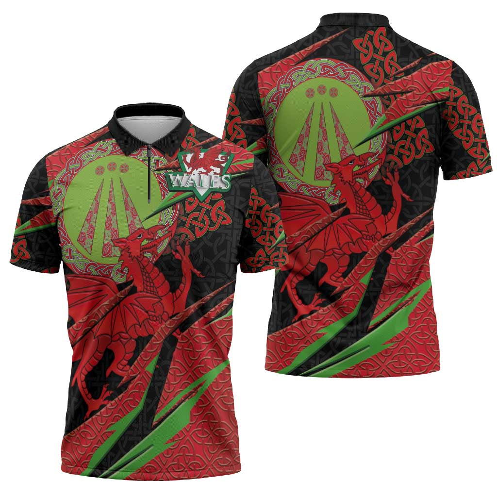 Welsh Celtic-Awen Zipper Polo Shirt Wales Y Ddraig Goch with Celtic Knot Sporty - Wonder Print Shop