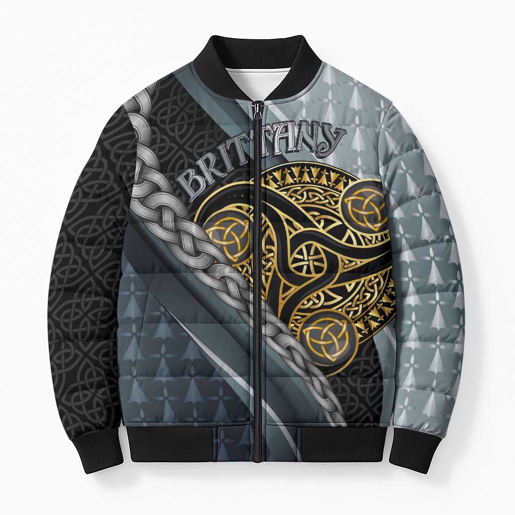 Brittany Triskele Celtic Bomber Puffer Jacket Silver and Gold Sporty Style - Wonder Print Shop