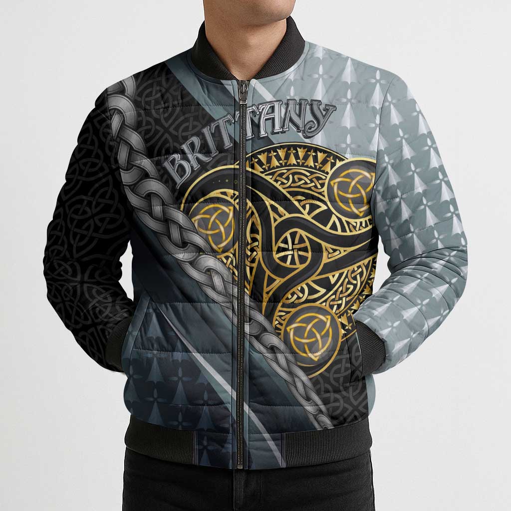 Brittany Triskele Celtic Bomber Puffer Jacket Silver and Gold Sporty Style - Wonder Print Shop