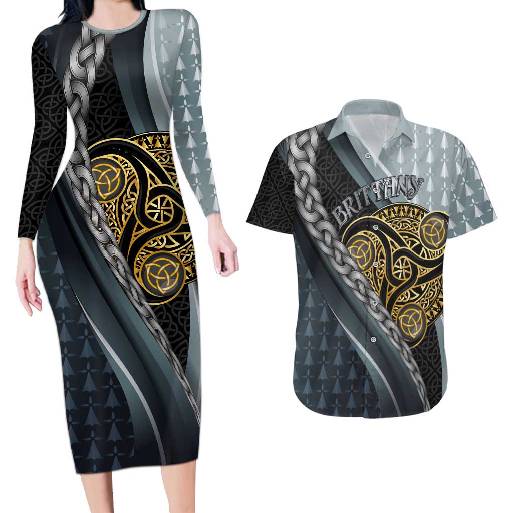 Brittany Triskele Celtic Couples Matching Long Sleeve Bodycon Dress and Hawaiian Shirt Silver and Gold Sporty Style - Wonder Print Shop
