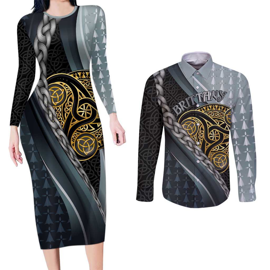 Brittany Triskele Celtic Couples Matching Long Sleeve Bodycon Dress and Long Sleeve Button Shirt Silver and Gold Sporty Style - Wonder Print Shop