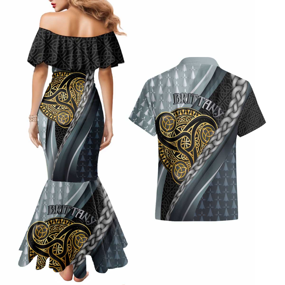 Brittany Triskele Celtic Couples Matching Mermaid Dress and Hawaiian Shirt Silver and Gold Sporty Style - Wonder Print Shop