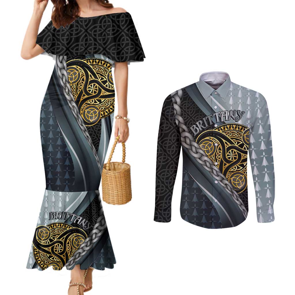 Brittany Triskele Celtic Couples Matching Mermaid Dress and Long Sleeve Button Shirt Silver and Gold Sporty Style - Wonder Print Shop