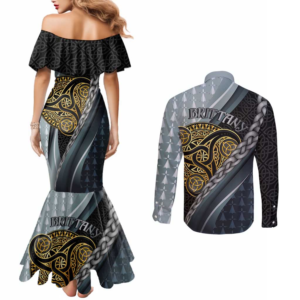 Brittany Triskele Celtic Couples Matching Mermaid Dress and Long Sleeve Button Shirt Silver and Gold Sporty Style - Wonder Print Shop