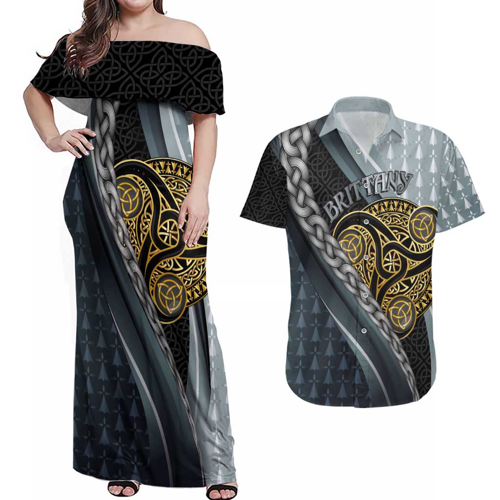 Brittany Triskele Celtic Couples Matching Off Shoulder Maxi Dress and Hawaiian Shirt Silver and Gold Sporty Style - Wonder Print Shop