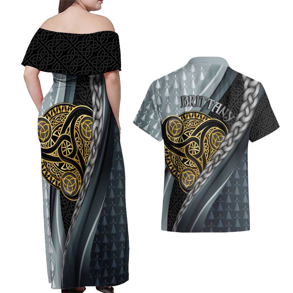 Brittany Triskele Celtic Couples Matching Off Shoulder Maxi Dress and Hawaiian Shirt Silver and Gold Sporty Style - Wonder Print Shop