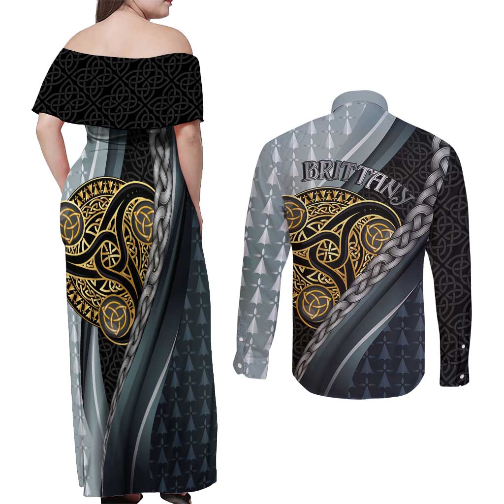 Brittany Triskele Celtic Couples Matching Off Shoulder Maxi Dress and Long Sleeve Button Shirt Silver and Gold Sporty Style - Wonder Print Shop