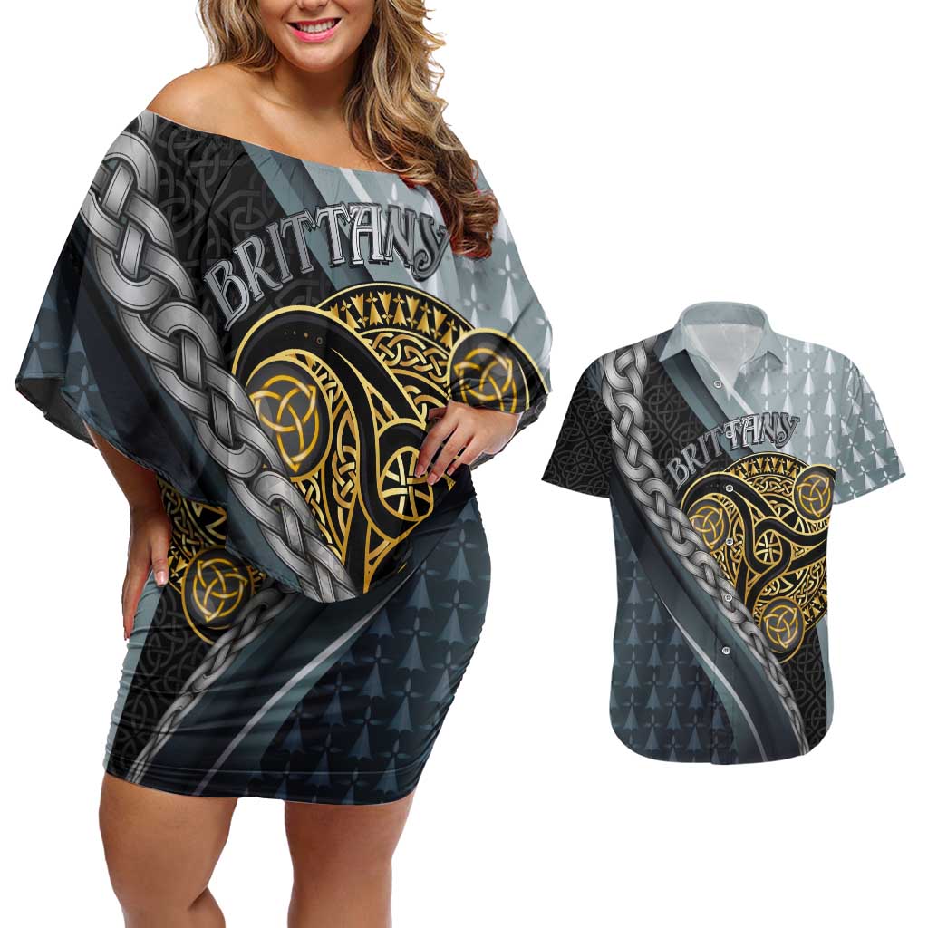 Brittany Triskele Celtic Couples Matching Off Shoulder Short Dress and Hawaiian Shirt Silver and Gold Sporty Style - Wonder Print Shop