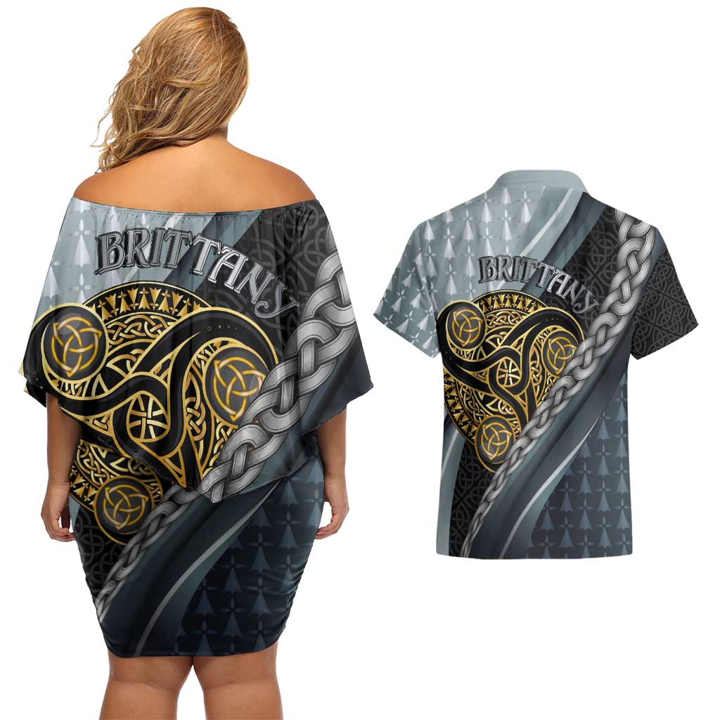 Brittany Triskele Celtic Couples Matching Off Shoulder Short Dress and Hawaiian Shirt Silver and Gold Sporty Style - Wonder Print Shop