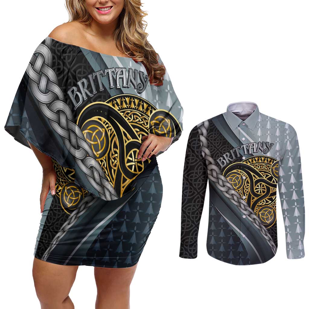 Brittany Triskele Celtic Couples Matching Off Shoulder Short Dress and Long Sleeve Button Shirt Silver and Gold Sporty Style - Wonder Print Shop
