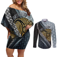 Brittany Triskele Celtic Couples Matching Off Shoulder Short Dress and Long Sleeve Button Shirt Silver and Gold Sporty Style - Wonder Print Shop