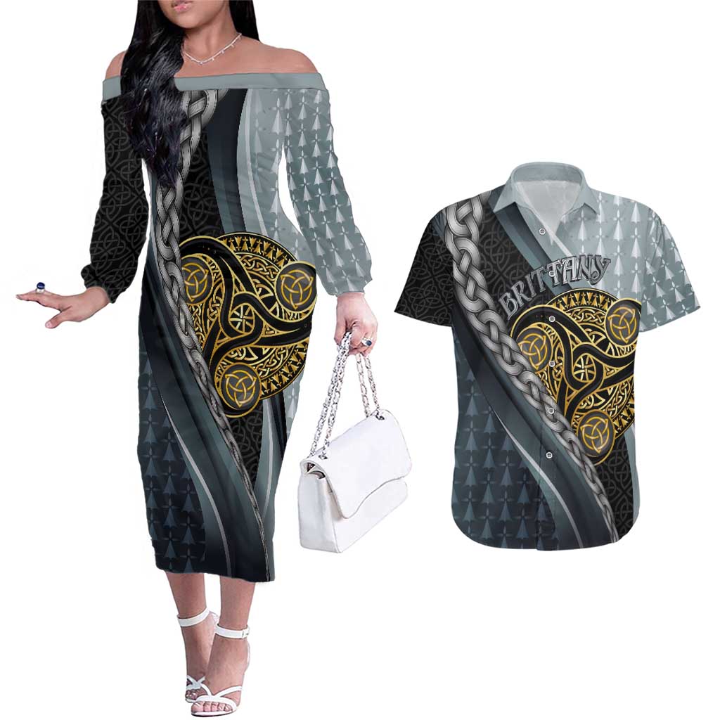 Brittany Triskele Celtic Couples Matching Off The Shoulder Long Sleeve Dress and Hawaiian Shirt Silver and Gold Sporty Style - Wonder Print Shop
