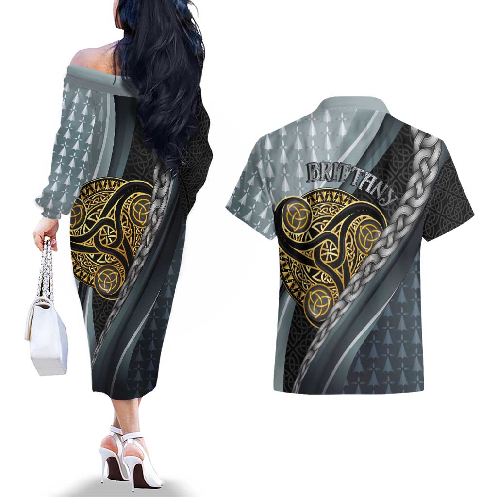 Brittany Triskele Celtic Couples Matching Off The Shoulder Long Sleeve Dress and Hawaiian Shirt Silver and Gold Sporty Style - Wonder Print Shop
