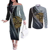 Brittany Triskele Celtic Couples Matching Off The Shoulder Long Sleeve Dress and Long Sleeve Button Shirt Silver and Gold Sporty Style - Wonder Print Shop
