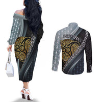 Brittany Triskele Celtic Couples Matching Off The Shoulder Long Sleeve Dress and Long Sleeve Button Shirt Silver and Gold Sporty Style - Wonder Print Shop
