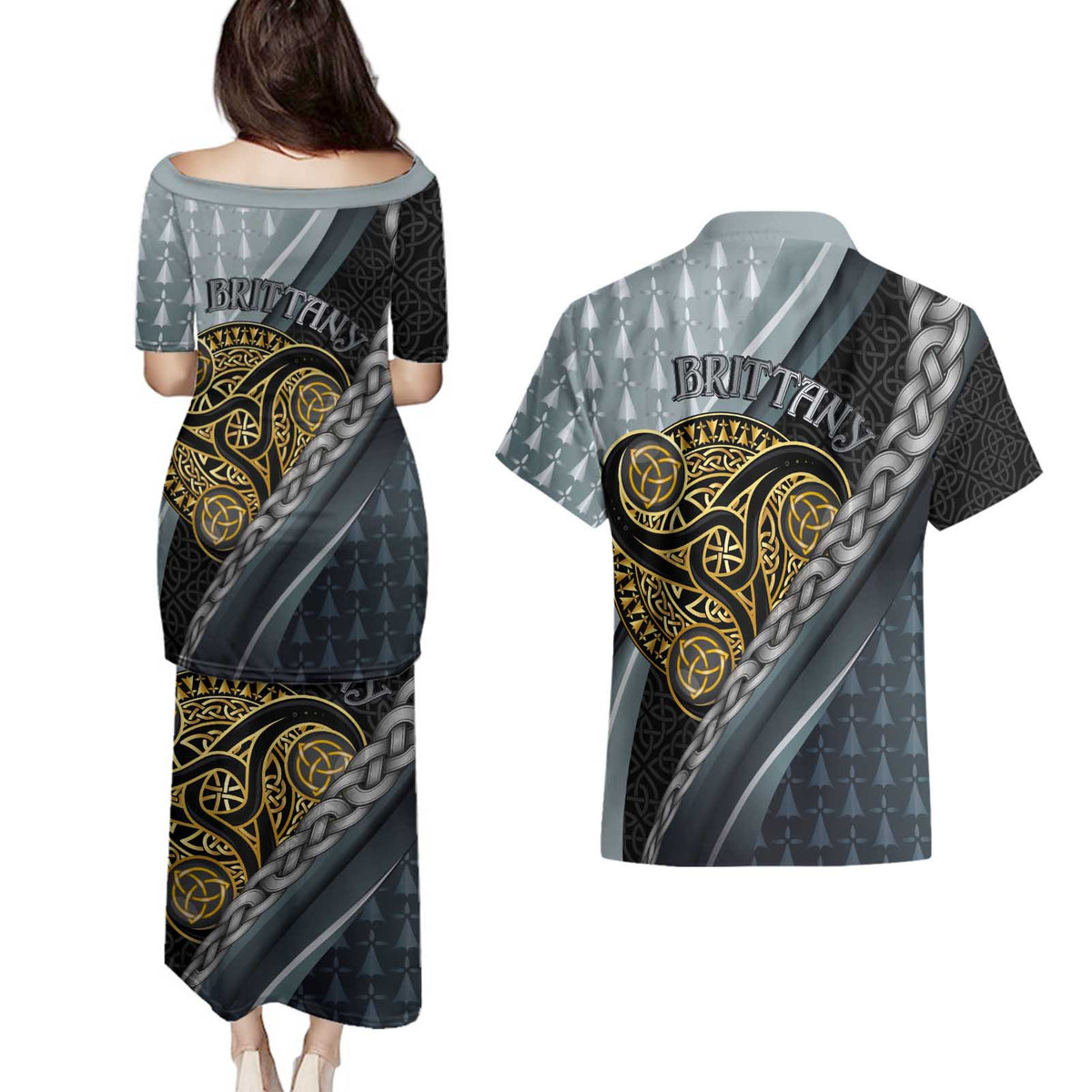 Brittany Triskele Celtic Couples Matching Puletasi and Hawaiian Shirt Silver and Gold Sporty Style - Wonder Print Shop