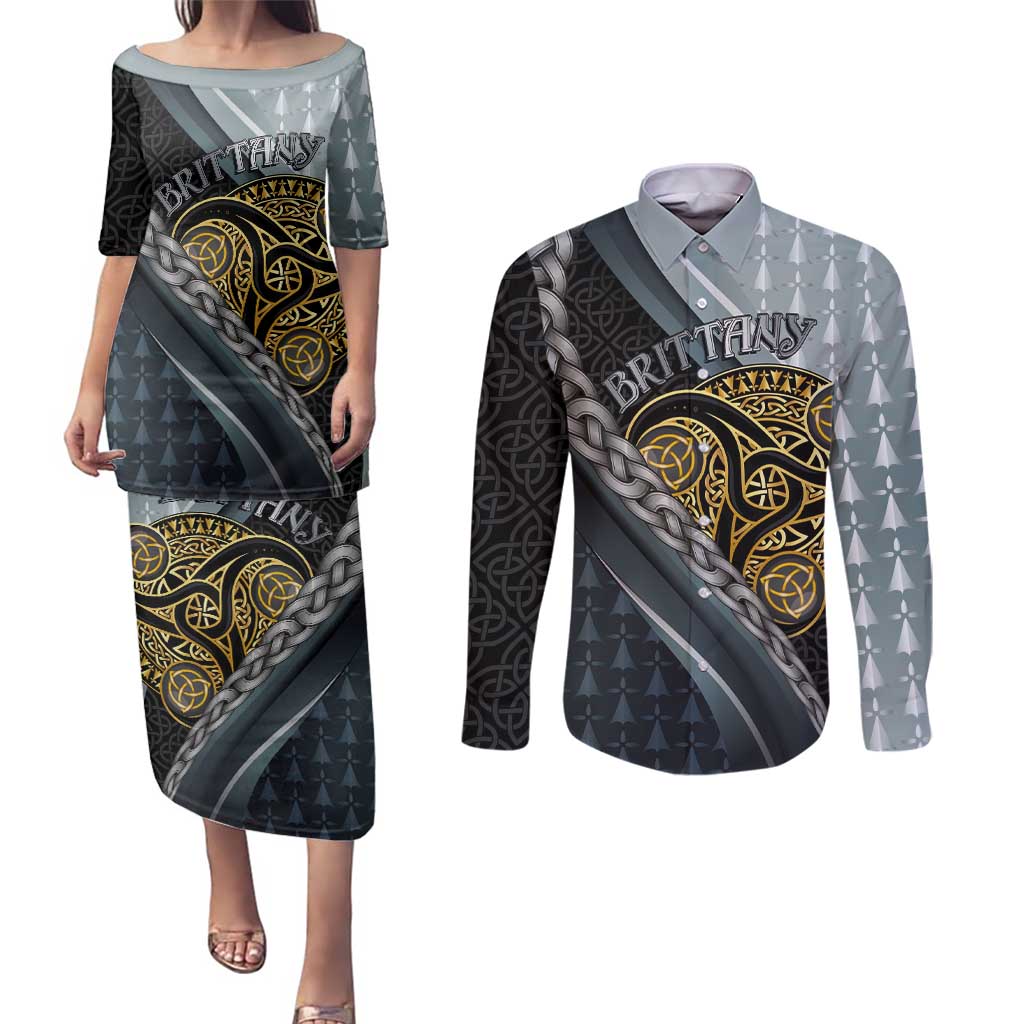 Brittany Triskele Celtic Couples Matching Puletasi and Long Sleeve Button Shirt Silver and Gold Sporty Style - Wonder Print Shop