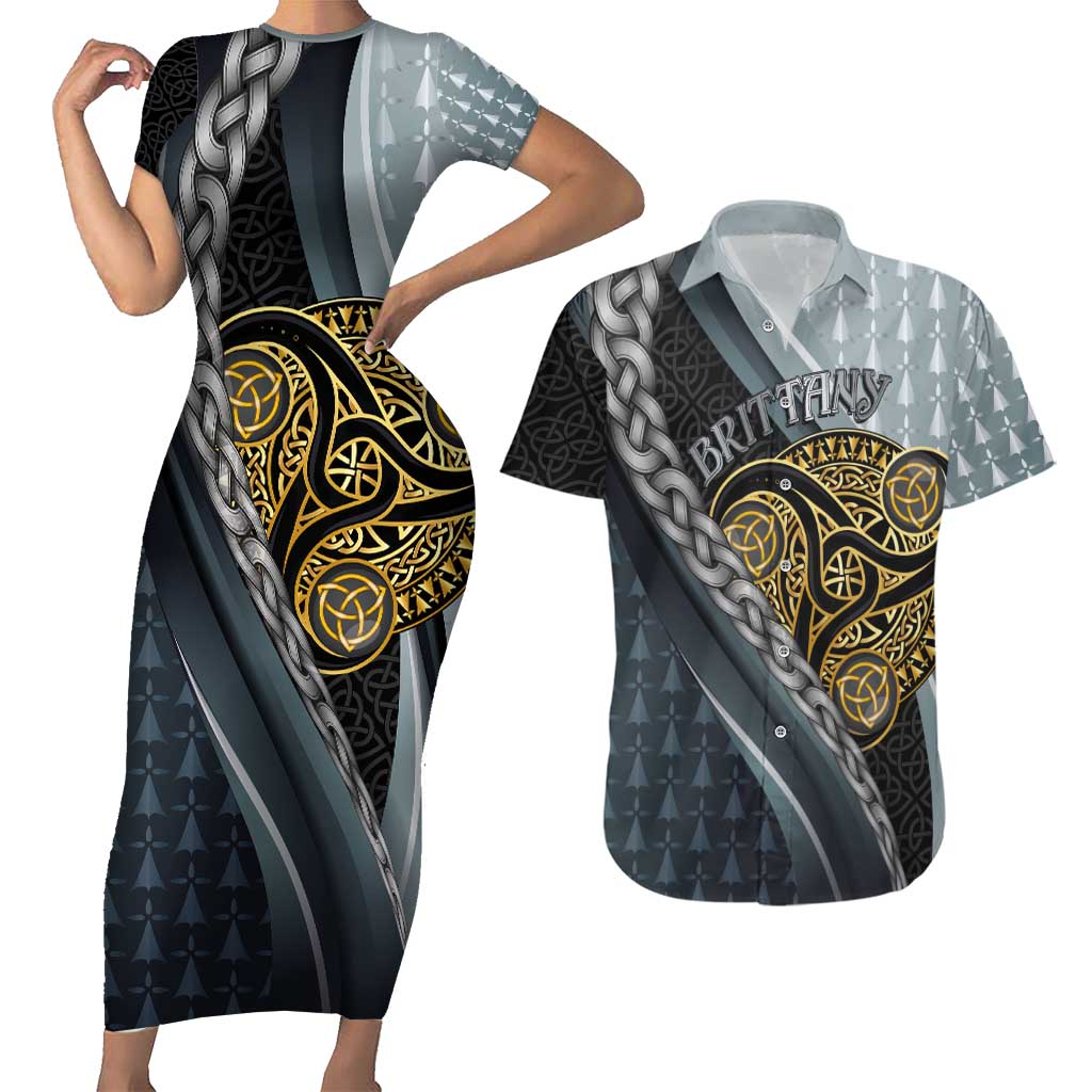 Brittany Triskele Celtic Couples Matching Short Sleeve Bodycon Dress and Hawaiian Shirt Silver and Gold Sporty Style - Wonder Print Shop