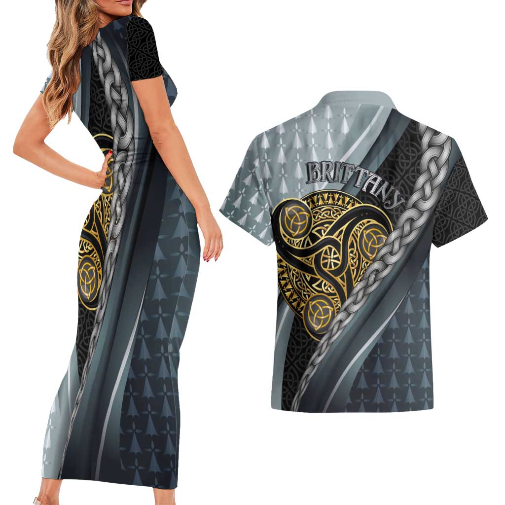 Brittany Triskele Celtic Couples Matching Short Sleeve Bodycon Dress and Hawaiian Shirt Silver and Gold Sporty Style - Wonder Print Shop