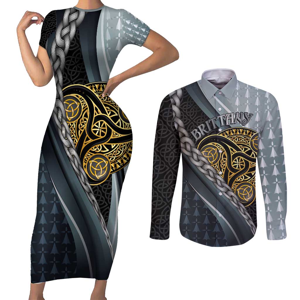 Brittany Triskele Celtic Couples Matching Short Sleeve Bodycon Dress and Long Sleeve Button Shirt Silver and Gold Sporty Style - Wonder Print Shop