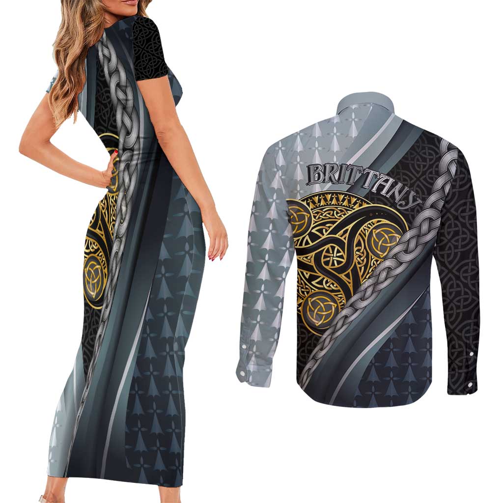 Brittany Triskele Celtic Couples Matching Short Sleeve Bodycon Dress and Long Sleeve Button Shirt Silver and Gold Sporty Style - Wonder Print Shop