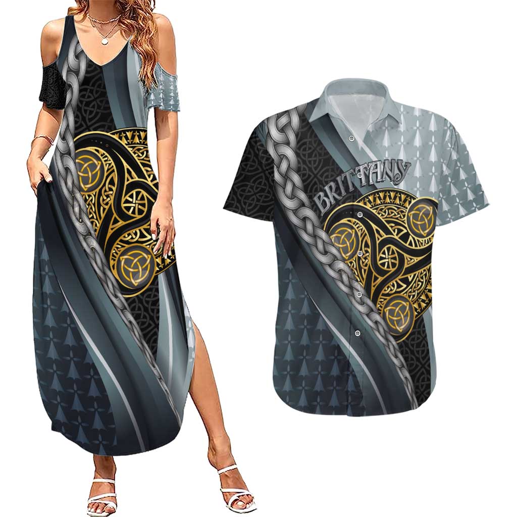 Brittany Triskele Celtic Couples Matching Summer Maxi Dress and Hawaiian Shirt Silver and Gold Sporty Style - Wonder Print Shop