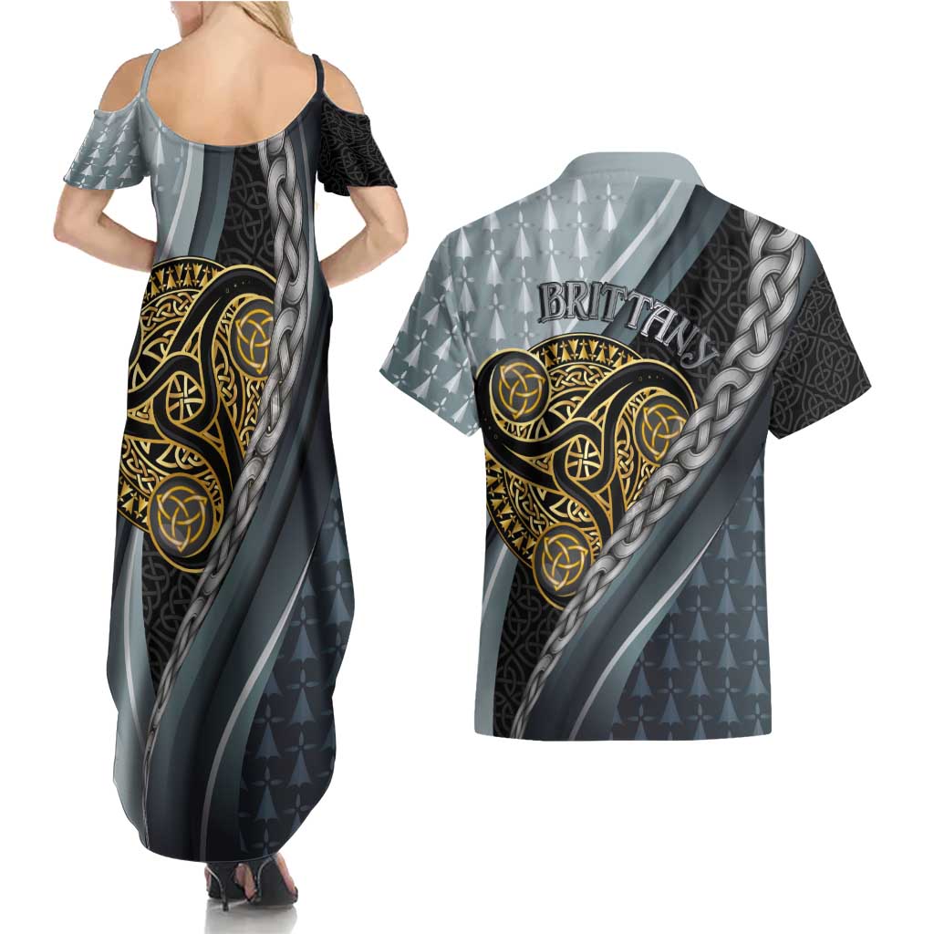 Brittany Triskele Celtic Couples Matching Summer Maxi Dress and Hawaiian Shirt Silver and Gold Sporty Style - Wonder Print Shop