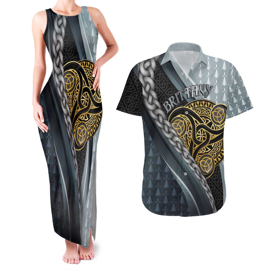 Brittany Triskele Celtic Couples Matching Tank Maxi Dress and Hawaiian Shirt Silver and Gold Sporty Style - Wonder Print Shop