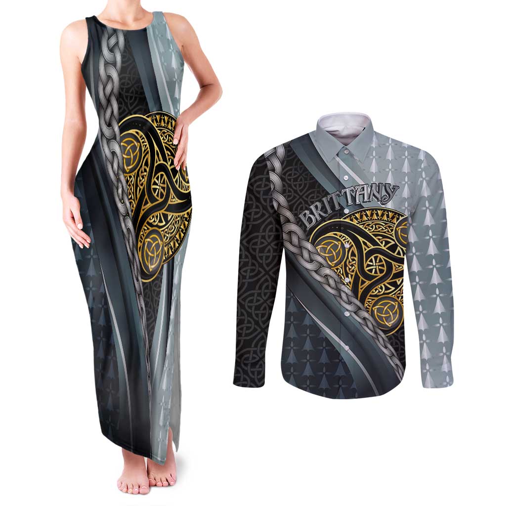 Brittany Triskele Celtic Couples Matching Tank Maxi Dress and Long Sleeve Button Shirt Silver and Gold Sporty Style - Wonder Print Shop