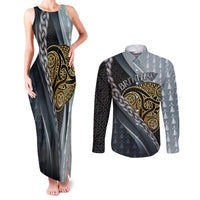 Brittany Triskele Celtic Couples Matching Tank Maxi Dress and Long Sleeve Button Shirt Silver and Gold Sporty Style - Wonder Print Shop
