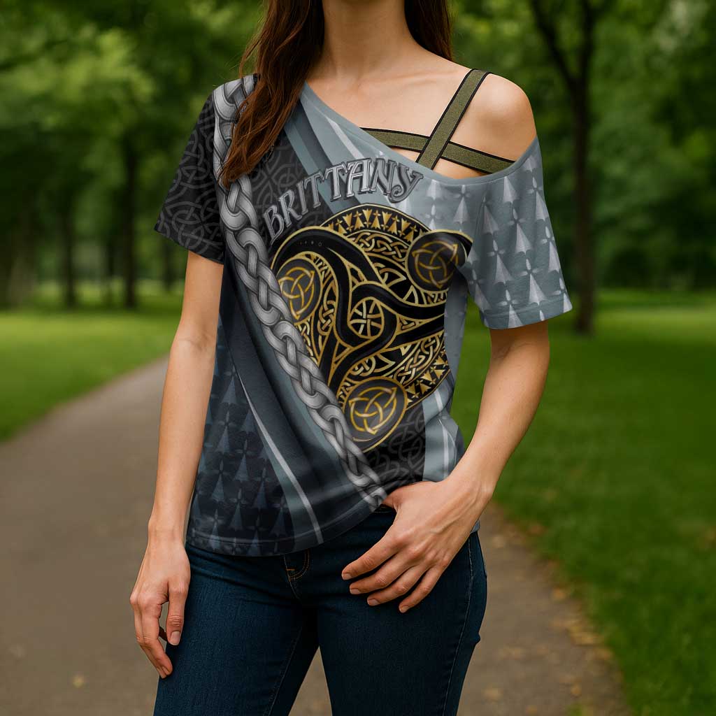 Brittany Triskele Celtic Cross Shoulder Shirt Silver and Gold Sporty Style - Wonder Print Shop