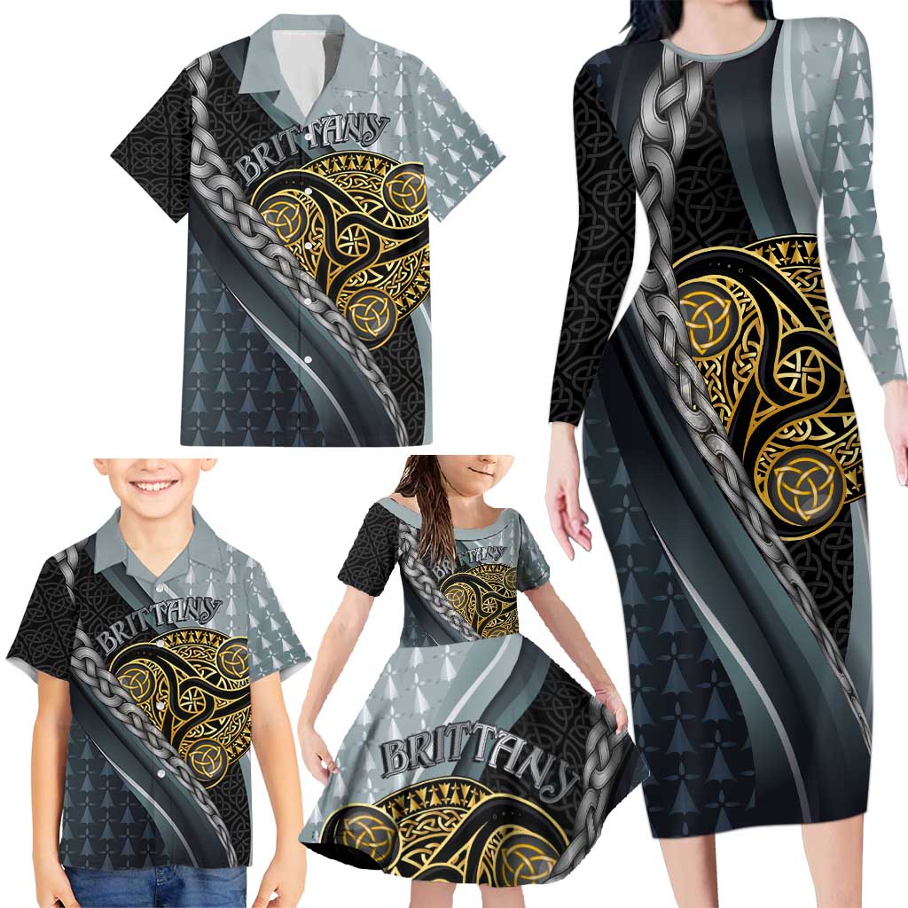 Brittany Triskele Celtic Family Matching Long Sleeve Bodycon Dress and Hawaiian Shirt Silver and Gold Sporty Style - Wonder Print Shop