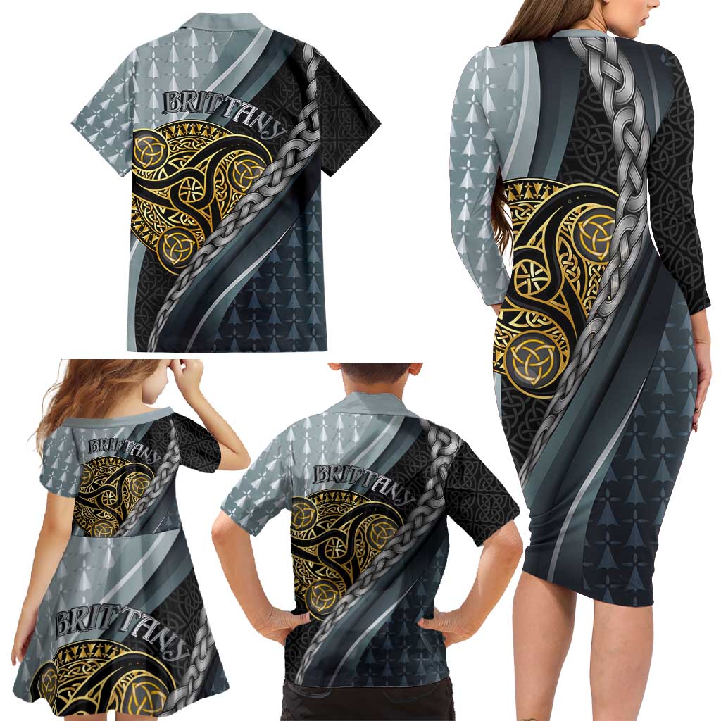 Brittany Triskele Celtic Family Matching Long Sleeve Bodycon Dress and Hawaiian Shirt Silver and Gold Sporty Style - Wonder Print Shop
